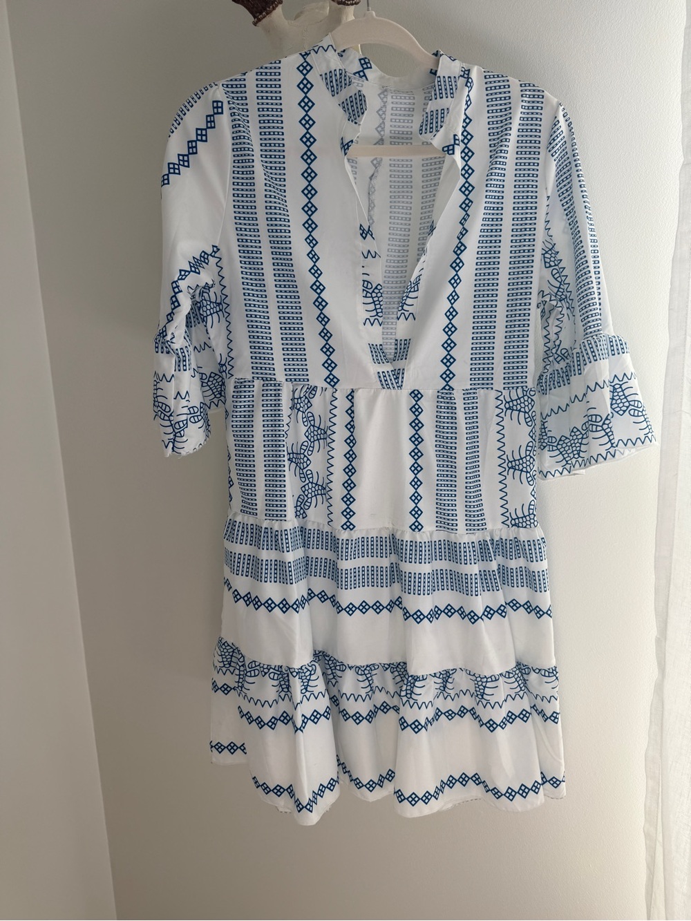 White Tunic Dress with Blue Embroidered Pattern